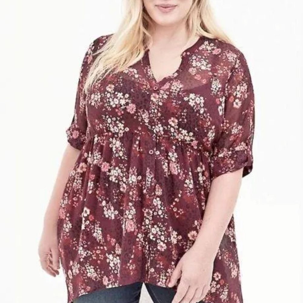 Torrid Sheer Floral Chiffon Hi-lo Tunic Top V-neck Tab Sleeve Plus Size 1/1x